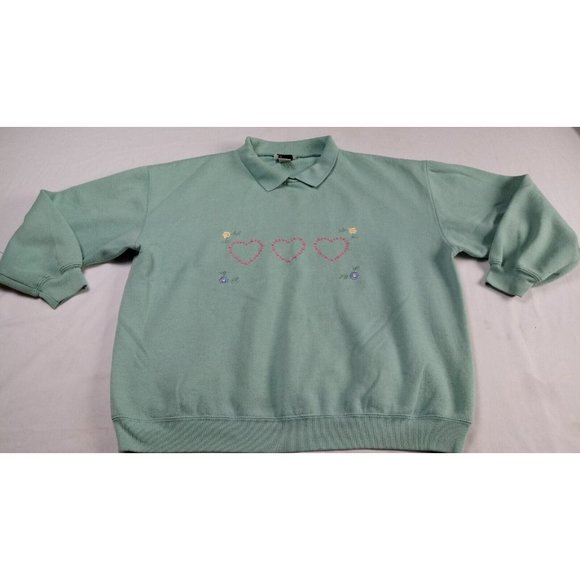 Vintage Bolo Spirit Sweatshirt flower hearts Embroidered Sz L Mint Green Women - Picture 1 of 12